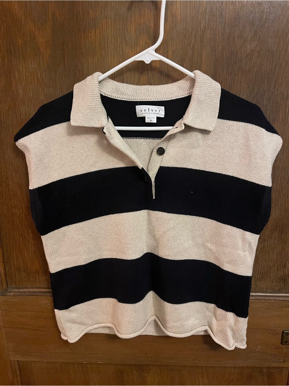 Velvet by Graham & Spencer Black and Cream Striped Polo Tank Top